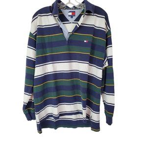 Tommy Hilfiger Mens Polo Rugby Striped Polo Cotton Collared Shirt XL Blue Green
